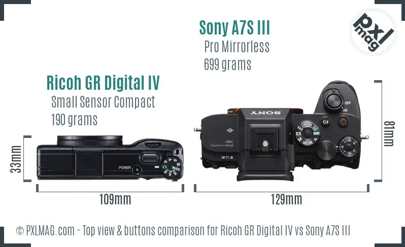 Ricoh GR Digital IV vs Sony A7S III top view buttons comparison