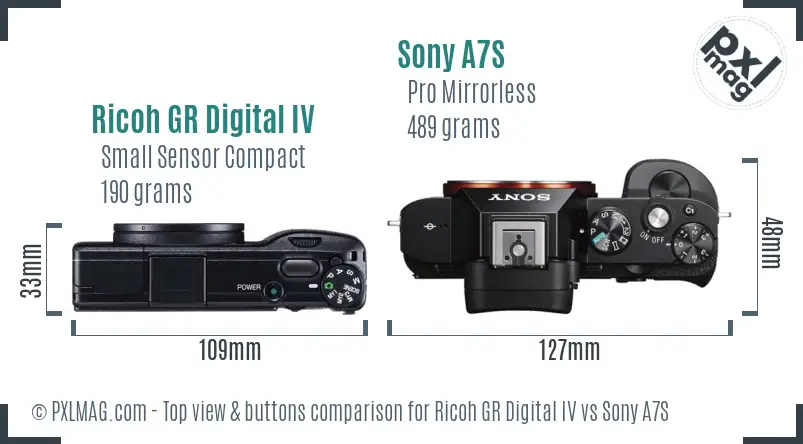 Ricoh GR Digital IV vs Sony A7S top view buttons comparison