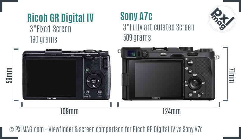 Ricoh GR Digital IV vs Sony A7c Screen and Viewfinder comparison