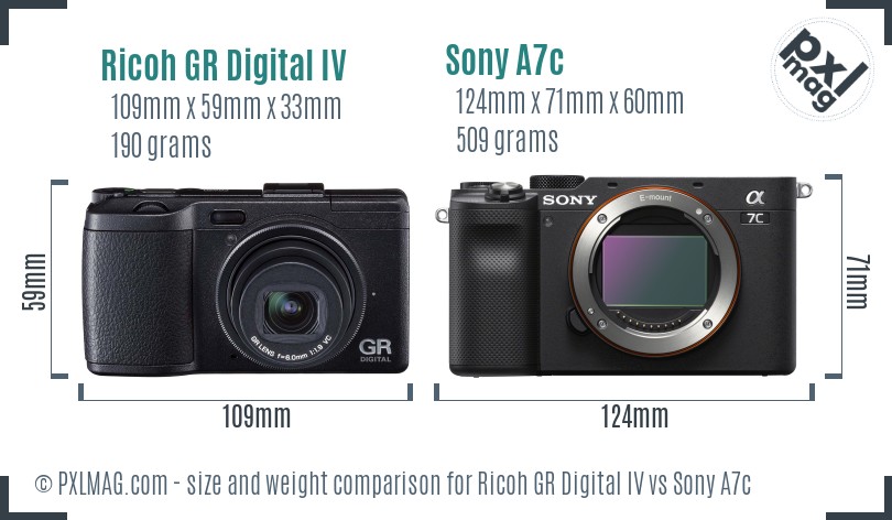 Ricoh GR Digital IV vs Sony A7c size comparison