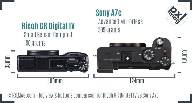 Ricoh GR Digital IV vs Sony A7c top view buttons comparison