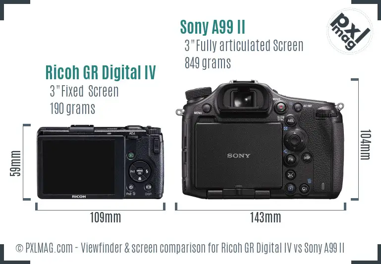 Ricoh GR Digital IV vs Sony A99 II Screen and Viewfinder comparison