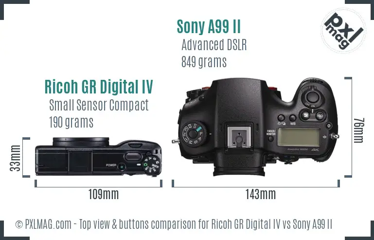 Ricoh GR Digital IV vs Sony A99 II top view buttons comparison