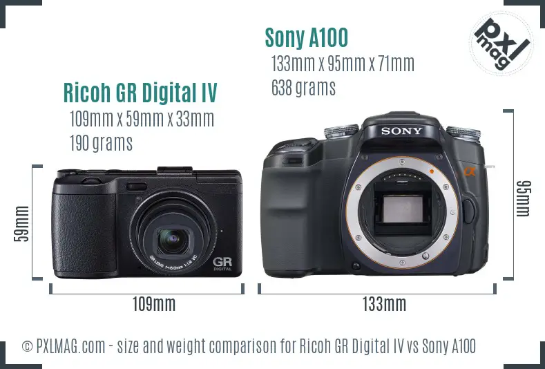 Ricoh GR Digital IV vs Sony A100 size comparison