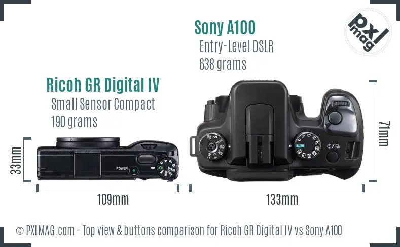 Ricoh GR Digital IV vs Sony A100 top view buttons comparison