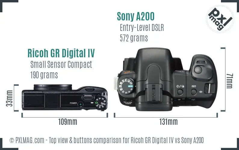 Ricoh GR Digital IV vs Sony A200 top view buttons comparison