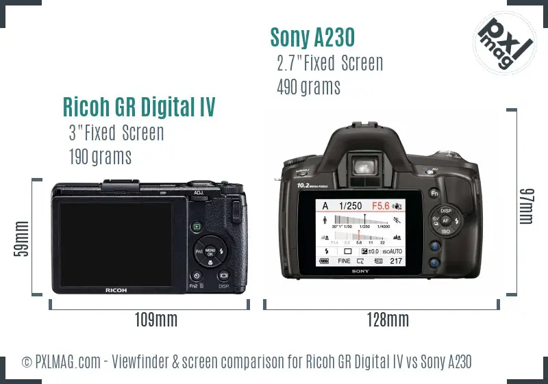 Ricoh GR Digital IV vs Sony A230 Screen and Viewfinder comparison