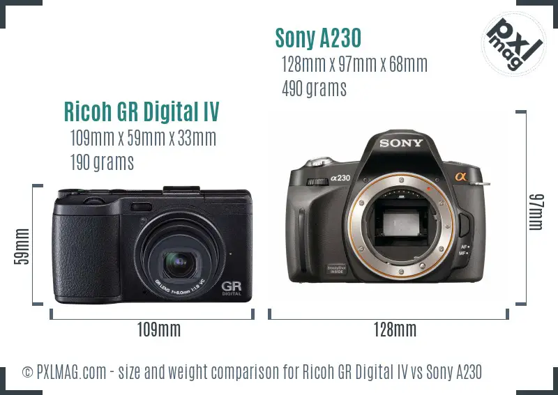 Ricoh GR Digital IV vs Sony A230 size comparison
