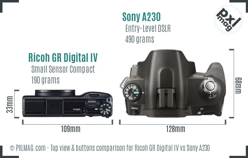 Ricoh GR Digital IV vs Sony A230 top view buttons comparison