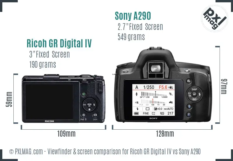 Ricoh GR Digital IV vs Sony A290 Screen and Viewfinder comparison