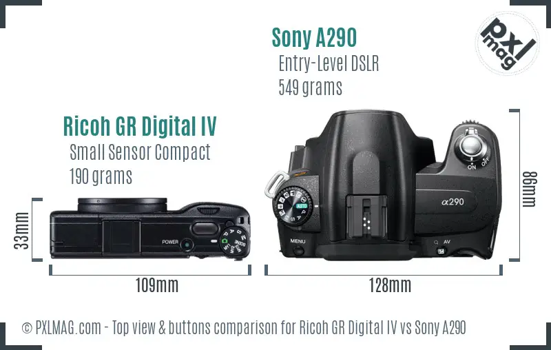 Ricoh GR Digital IV vs Sony A290 top view buttons comparison