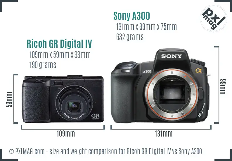 Ricoh GR Digital IV vs Sony A300 size comparison
