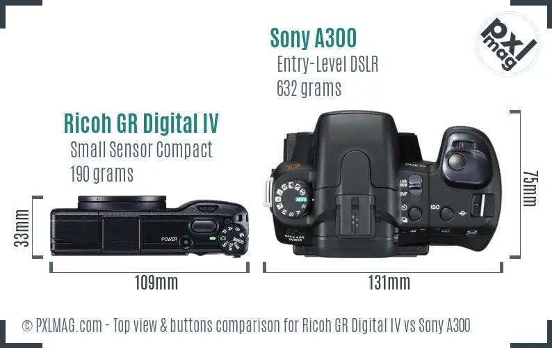 Ricoh GR Digital IV vs Sony A300 top view buttons comparison