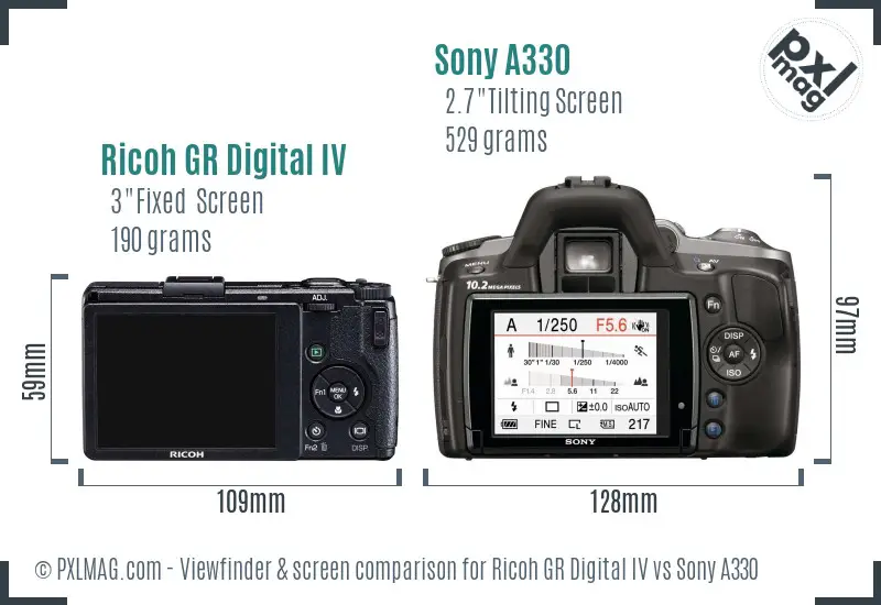 Ricoh GR Digital IV vs Sony A330 Screen and Viewfinder comparison