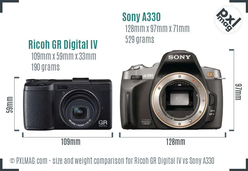 Ricoh GR Digital IV vs Sony A330 size comparison
