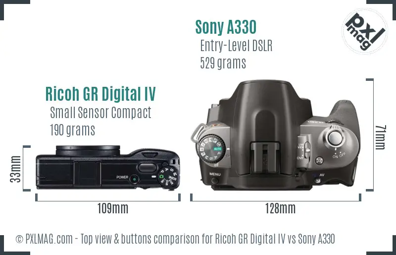 Ricoh GR Digital IV vs Sony A330 top view buttons comparison
