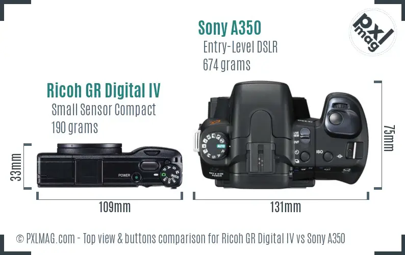 Ricoh GR Digital IV vs Sony A350 top view buttons comparison
