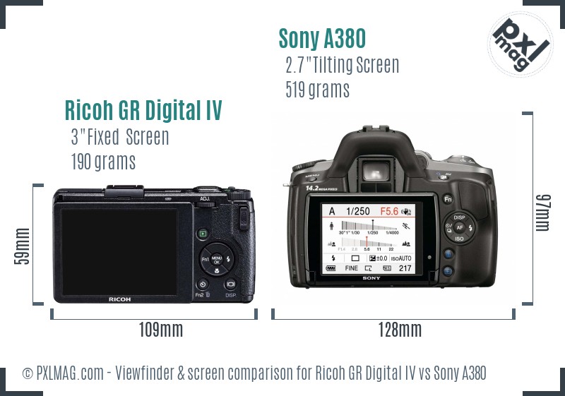 Ricoh GR Digital IV vs Sony A380 Screen and Viewfinder comparison