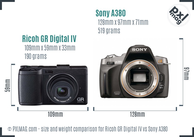 Ricoh GR Digital IV vs Sony A380 size comparison