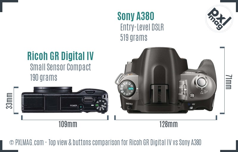 Ricoh GR Digital IV vs Sony A380 top view buttons comparison