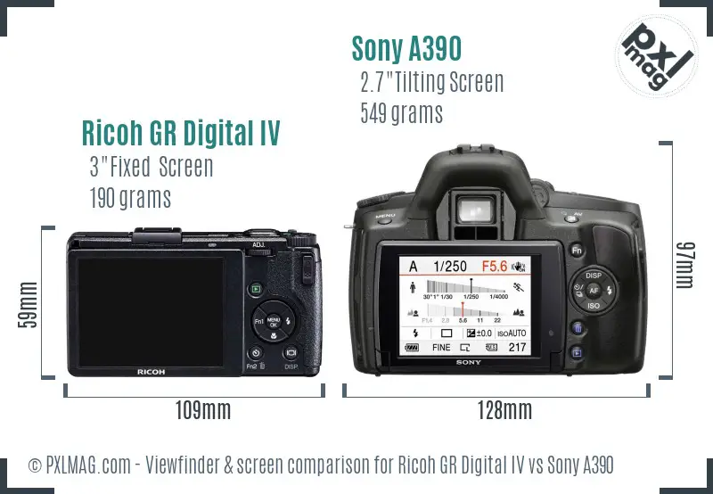 Ricoh GR Digital IV vs Sony A390 Screen and Viewfinder comparison