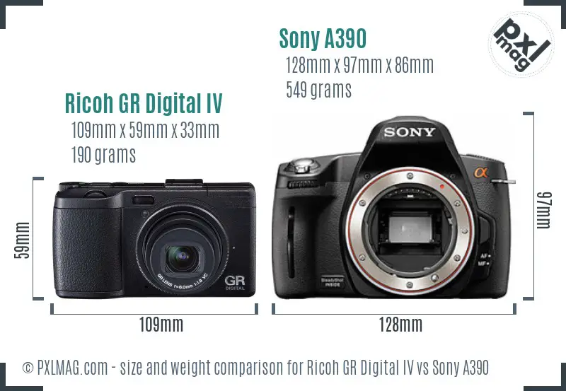 Ricoh GR Digital IV vs Sony A390 size comparison