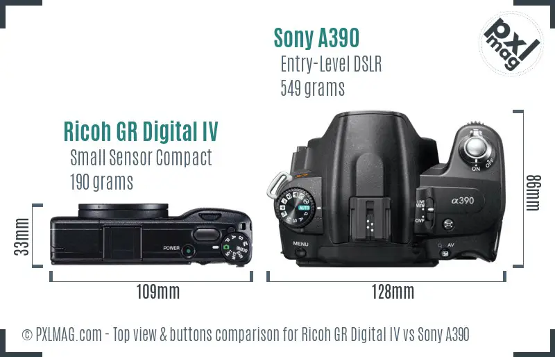 Ricoh GR Digital IV vs Sony A390 top view buttons comparison