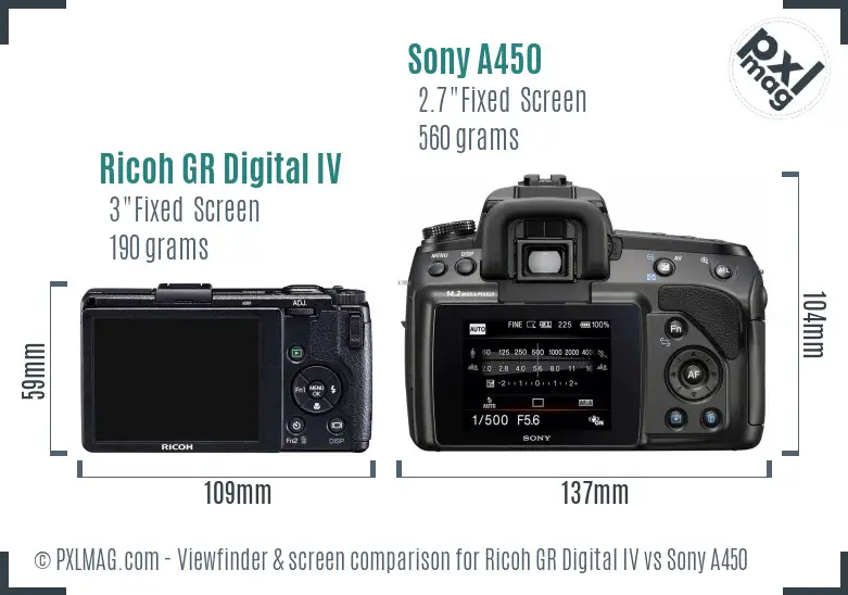 Ricoh GR Digital IV vs Sony A450 Screen and Viewfinder comparison