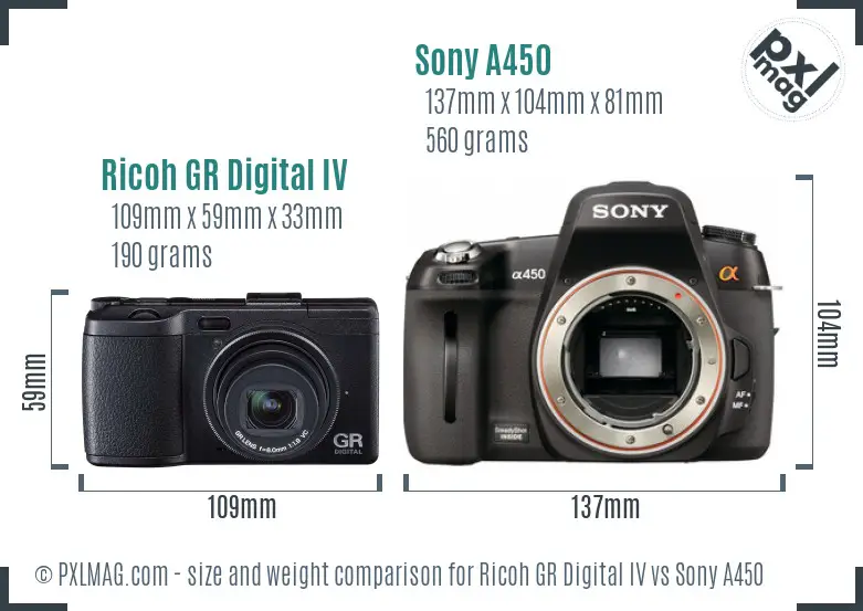 Ricoh GR Digital IV vs Sony A450 size comparison