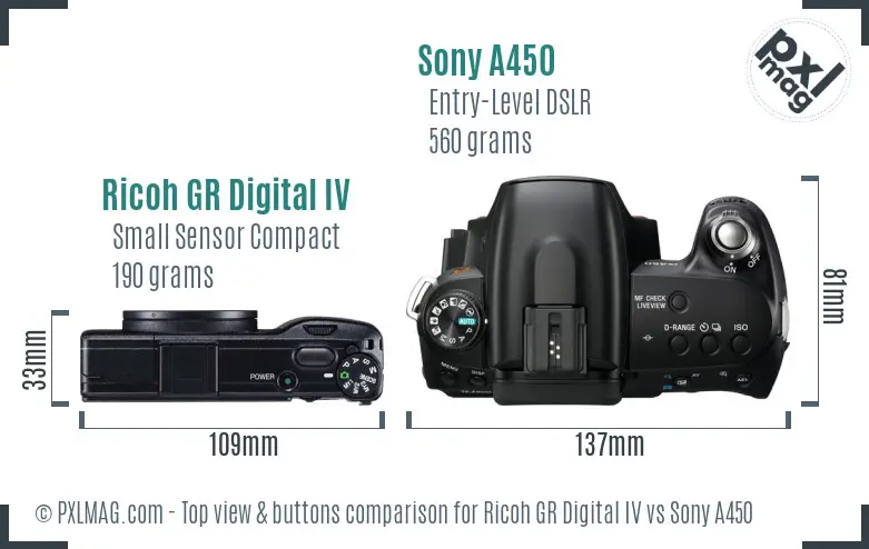 Ricoh GR Digital IV vs Sony A450 top view buttons comparison