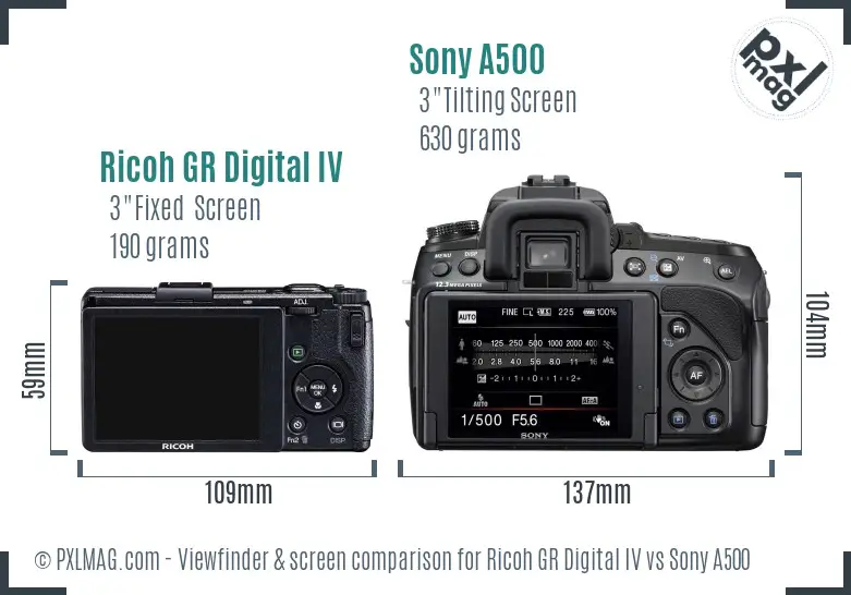 Ricoh GR Digital IV vs Sony A500 Screen and Viewfinder comparison