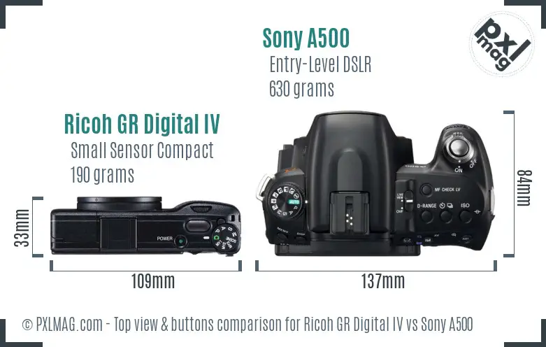Ricoh GR Digital IV vs Sony A500 top view buttons comparison