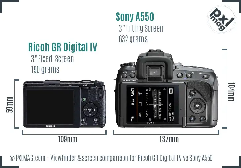 Ricoh GR Digital IV vs Sony A550 Screen and Viewfinder comparison