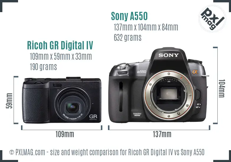 Ricoh GR Digital IV vs Sony A550 size comparison