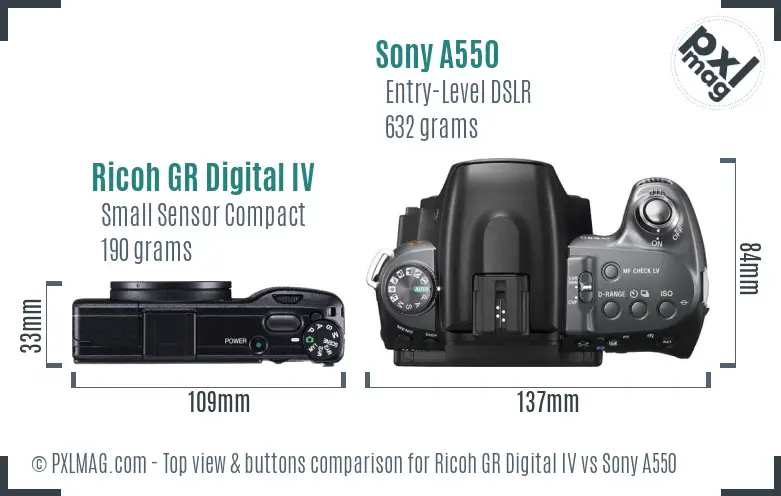 Ricoh GR Digital IV vs Sony A550 top view buttons comparison