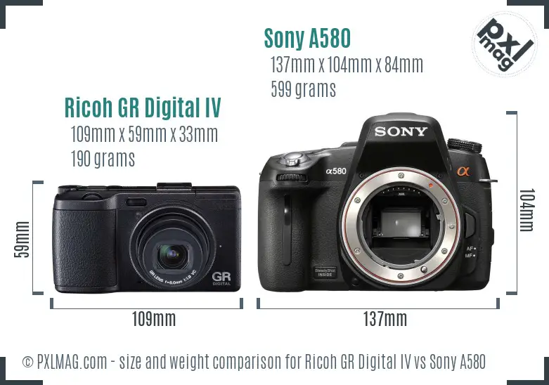 Ricoh GR Digital IV vs Sony A580 size comparison