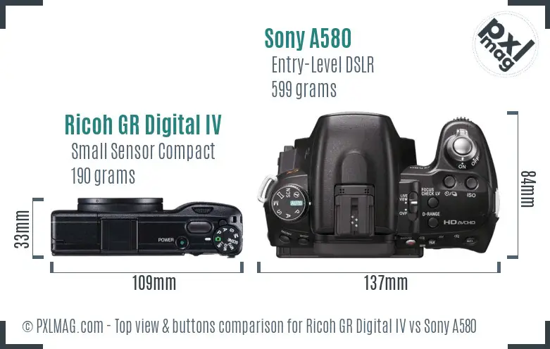 Ricoh GR Digital IV vs Sony A580 top view buttons comparison