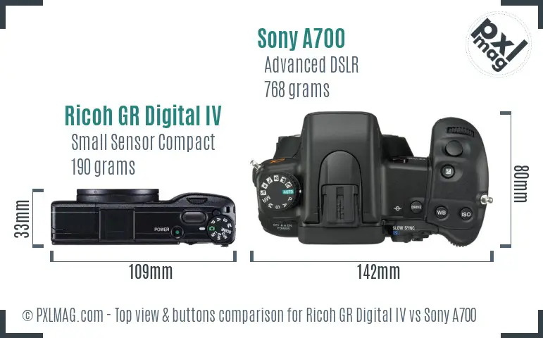 Ricoh GR Digital IV vs Sony A700 top view buttons comparison