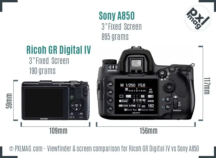 Ricoh GR Digital IV vs Sony A850 Screen and Viewfinder comparison