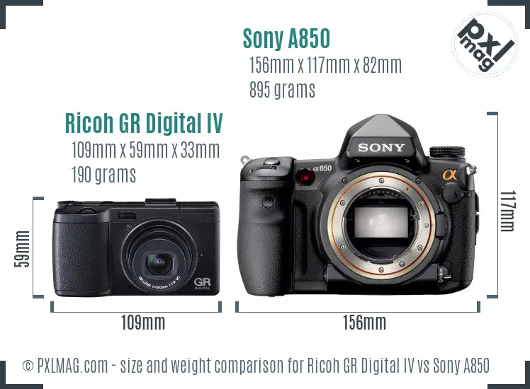 Ricoh GR Digital IV vs Sony A850 size comparison