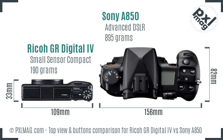Ricoh GR Digital IV vs Sony A850 top view buttons comparison