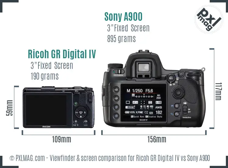 Ricoh GR Digital IV vs Sony A900 Screen and Viewfinder comparison