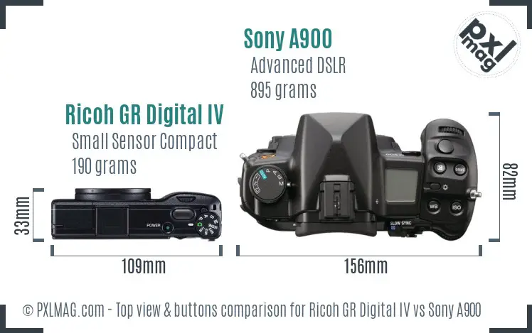 Ricoh GR Digital IV vs Sony A900 top view buttons comparison