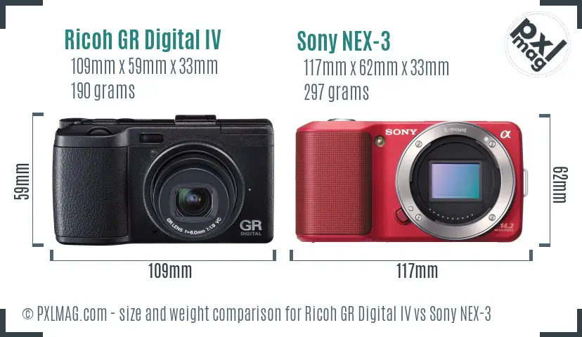 Ricoh GR Digital IV vs Sony NEX-3 size comparison