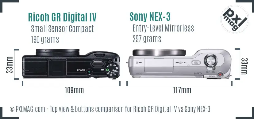 Ricoh GR Digital IV vs Sony NEX-3 top view buttons comparison