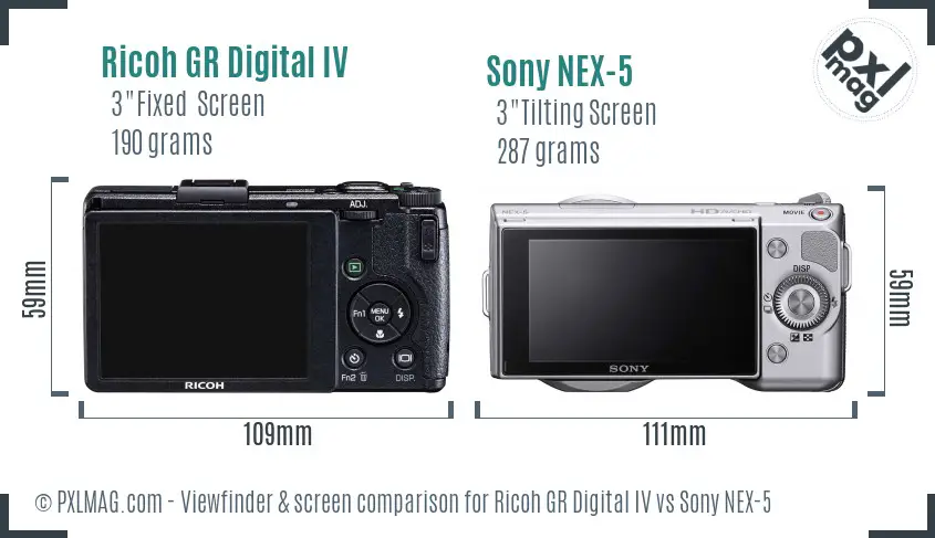 Ricoh GR Digital IV vs Sony NEX-5 Screen and Viewfinder comparison