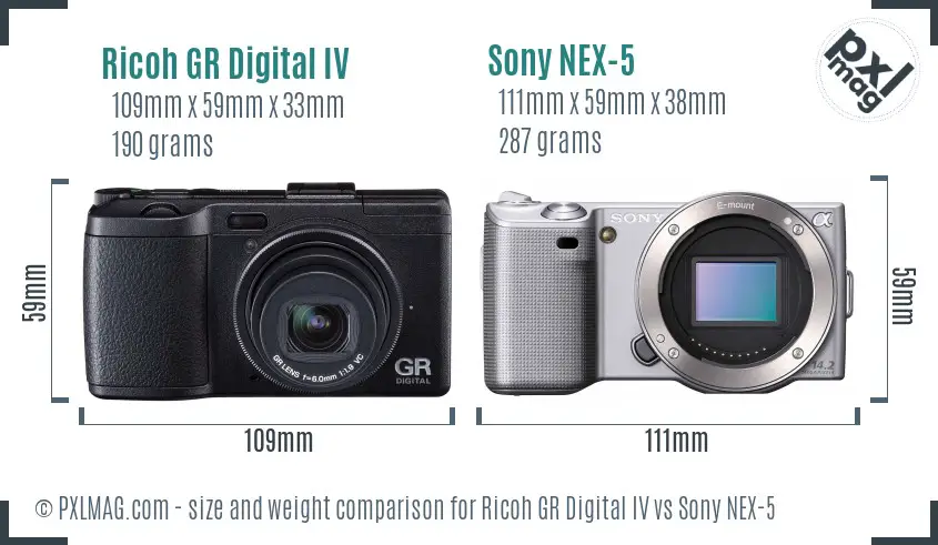 Ricoh GR Digital IV vs Sony NEX-5 size comparison
