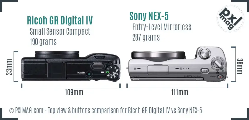 Ricoh GR Digital IV vs Sony NEX-5 top view buttons comparison
