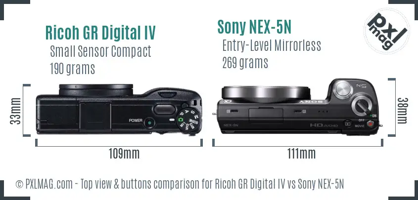 Ricoh GR Digital IV vs Sony NEX-5N top view buttons comparison