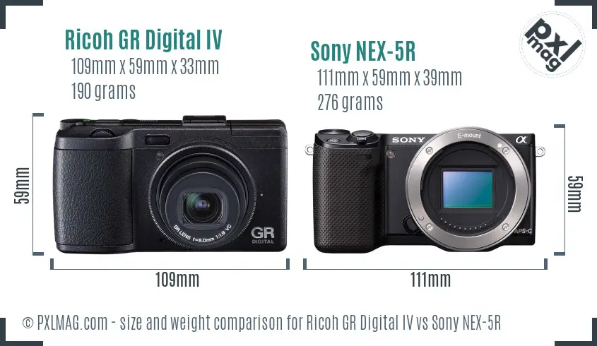 Ricoh GR Digital IV vs Sony NEX-5R size comparison